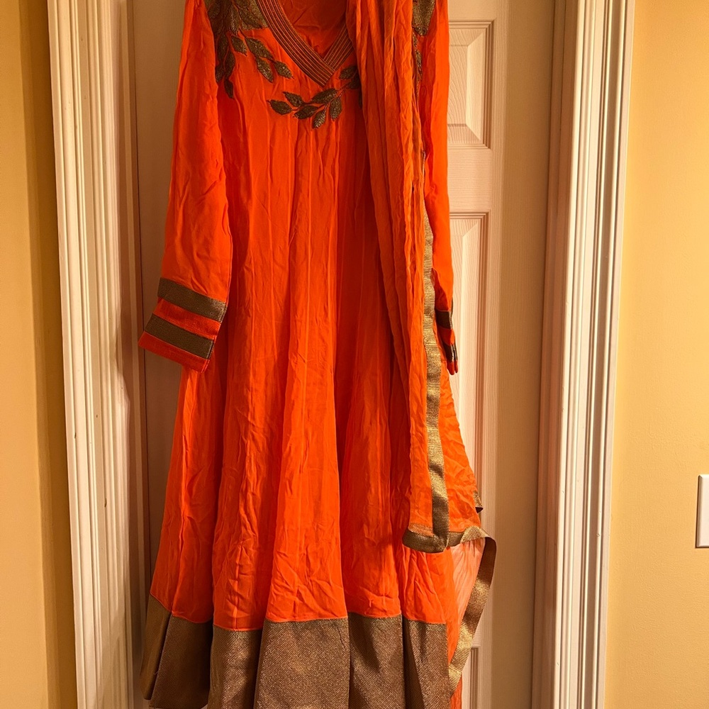 Rich orange dress with scarf . With gold work. No pants.